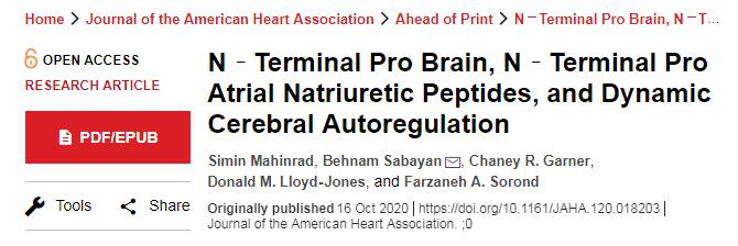 JAHA：动态脑自动调节与脑和心房利钠肽前N端的关系